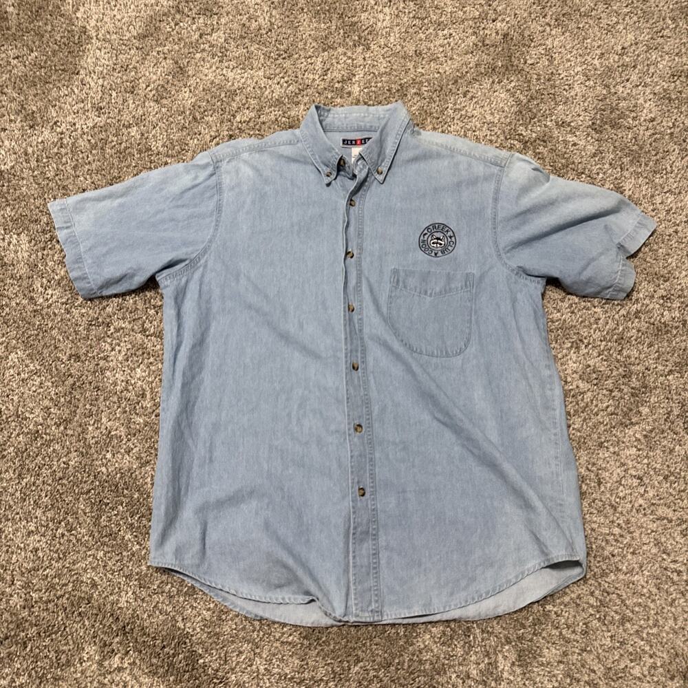Vtg Jerzees Mens Denim Button Up Shirt Short Sleeve Sz L Light Wash Coon Creek